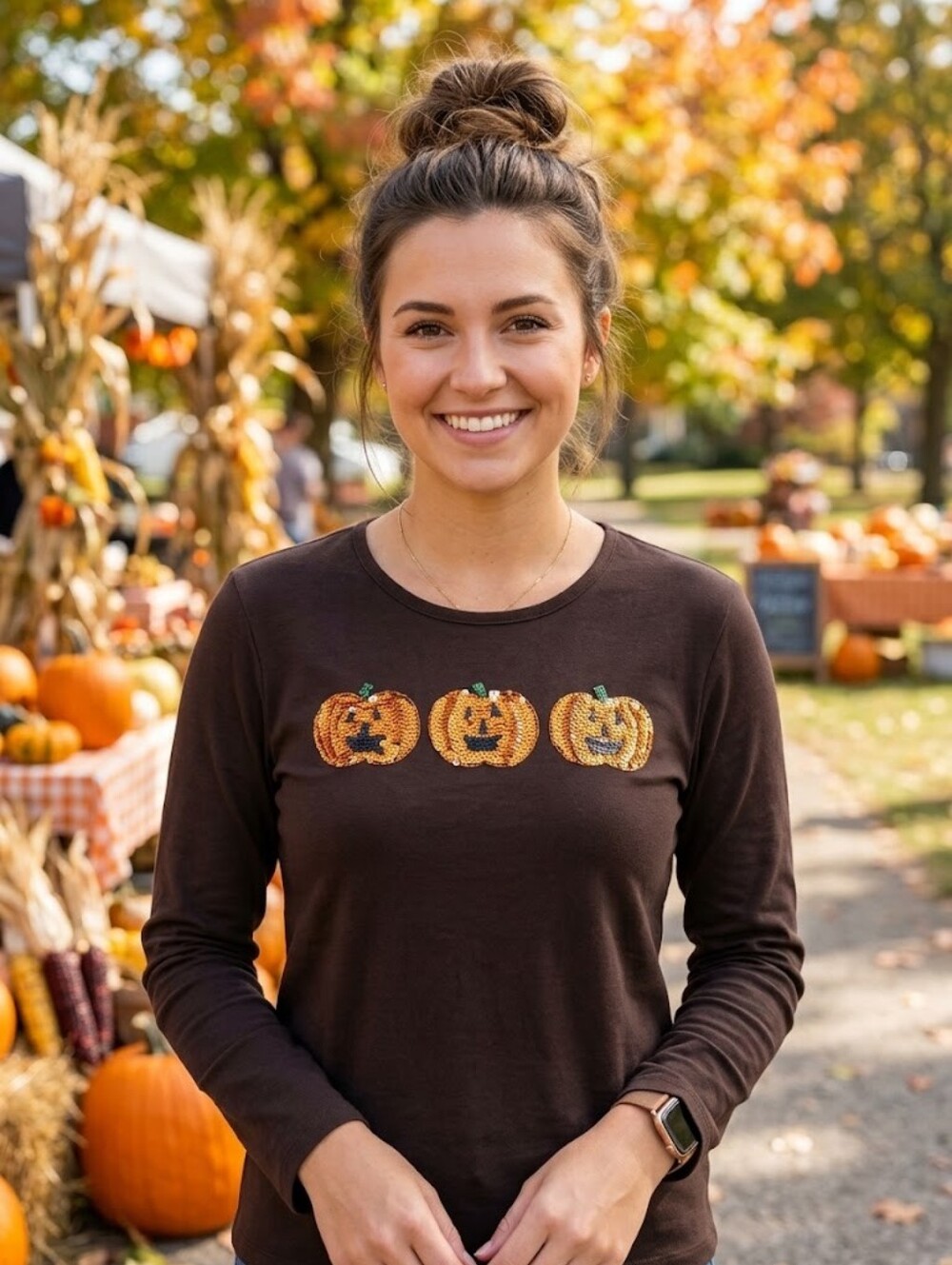 VINTAGE Mercer Street Studio Designed Sequined Pumpkin Long Sleeve Shirt